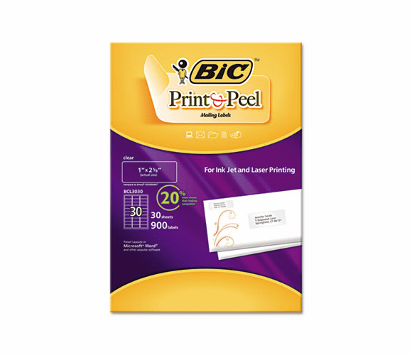 BICBCL3030CLR Easy Print & Peel Clear Mailing Labels 1 x 2-5/8, Clear, 900/Box By BIC CORP.