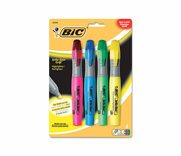 BICBLMGP41ASST Brite Liner Grip XL Highlighter, Chisel Tip, Fluorescent, 4/Set By BIC CORP.