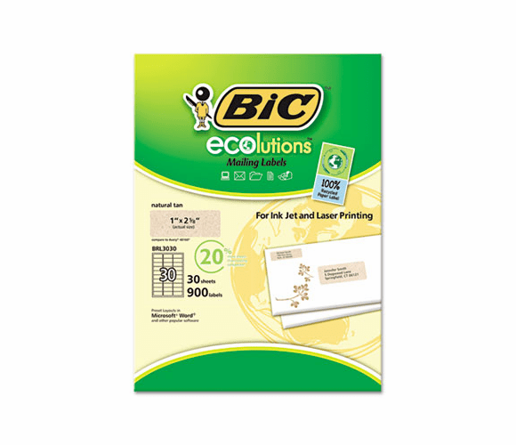 BICBRL3030NAT ecolutions Mailing Labels, 1 x 2-5/8, Natural Tan, 900/Box By BIC CORP.