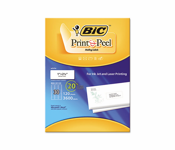 BICBWL30120WHI Easy Print & Peel White Mailing Labels, 1 x 2-5/8, White, 3600/Pack By BIC CORP.