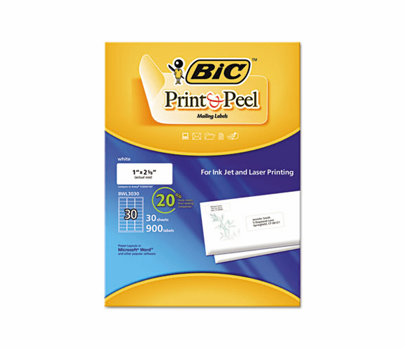 BICBWL3030WHI Easy Print & Peel White Mailing Labels, 1 x 2-5/8, White, 900/Pack By BIC CORP.
