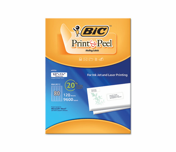 BICBWL80120WHI EASY PRINT & PEEL WHITE MAILING LABELS, 1/2 X 1-3/4, WHITE, 9600/Pack By BIC CORP.
