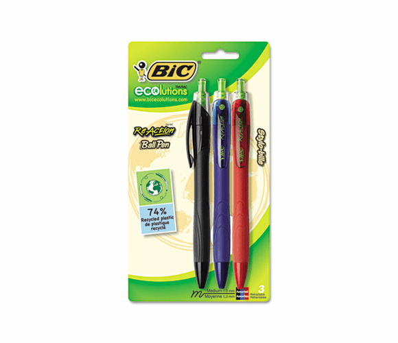BICCPGEP31ASST Ecolutions Reaction Ballpoint Retractable Pen, Assorted Ink, Medium, 3 per Pack By BIC CORP.