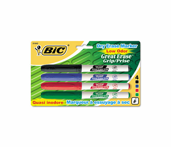 BICGDEP41ASST Great Erase Grip Dry Erase Markers, Fine Point, Assorted, 4/Set By BIC CORP.