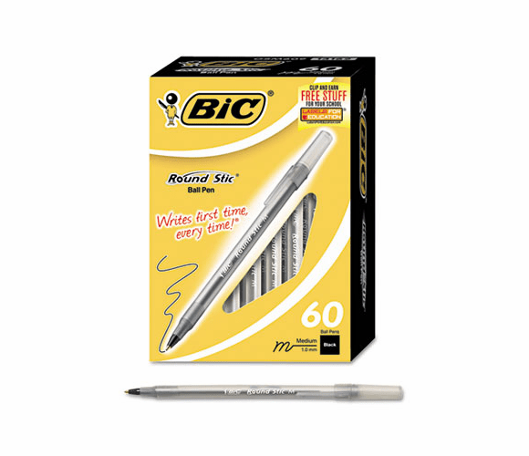 BICGSM609BK Round Stic Ballpoint Pen, Black Ink, Medium Point, 1.0 mm, 60 per Box By BIC CORP.