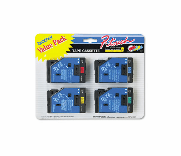 BRTTC50 TC Tape Cartridges for P-Touch, 1/2w, Black on Red/Blue/Yellow/Green, 4/Pack By BROTHER INTL. CORP.