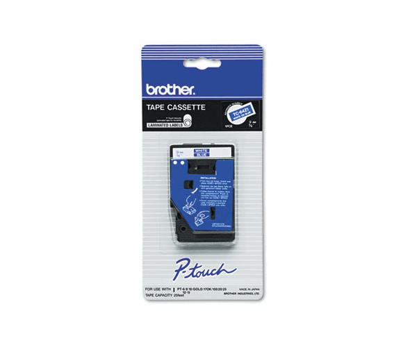 BRTTC64Z1 TC Tape Cartridge for P-Touch Labelers, 3/8w, White on Blue By BROTHER INTL. CORP.