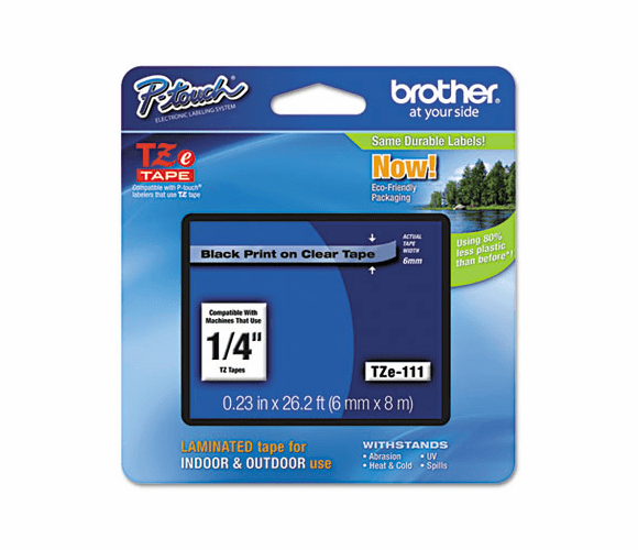 BRTTZE111 TZe Standard Adhesive Laminated Labeling Tape, 1/4w, Black on Clear By BROTHER INTL. CORP.