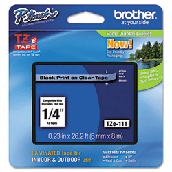 BRTTZE111 TZe Standard Adhesive Laminated Labeling Tape, 1/4w, Black on Clear By BROTHER INTL. CORP.