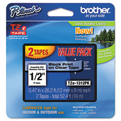 BRTTZE1312PK TZe Standard Adhesive Laminated Labeling Tapes, 1/2w, Black on Clear, 2/Pack By BROTHER INTL. CORP.