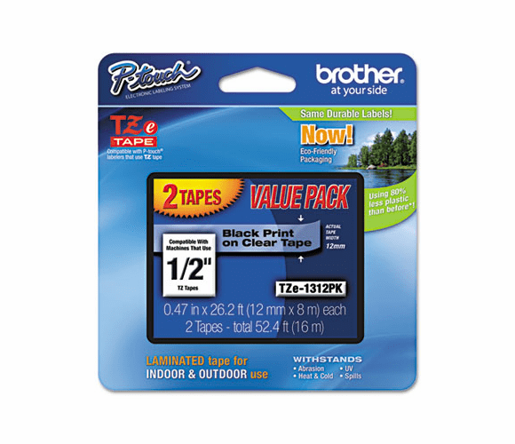 BRTTZE1312PK TZe Standard Adhesive Laminated Labeling Tapes, 1/2w, Black on Clear, 2/Pack By BROTHER INTL. CORP.