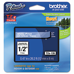 BRTTZE135 TZe Standard Adhesive Laminated Labeling Tape, 1/2w, White on Clear By BROTHER INTL. CORP.