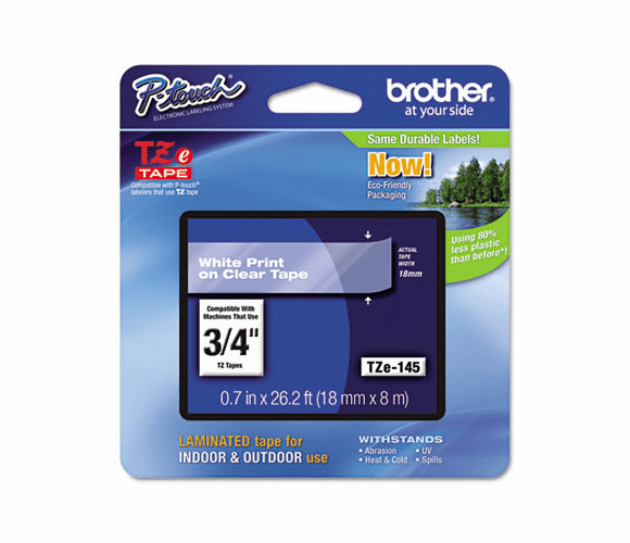 BRTTZE145 TZe Standard Adhesive Laminated Labeling Tape, 3/4w, White on Clear By BROTHER INTL. CORP.