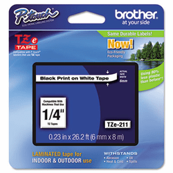BRTTZE211 TZe Standard Adhesive Laminated Labeling Tape, 1/4w, Black on White By BROTHER INTL. CORP.