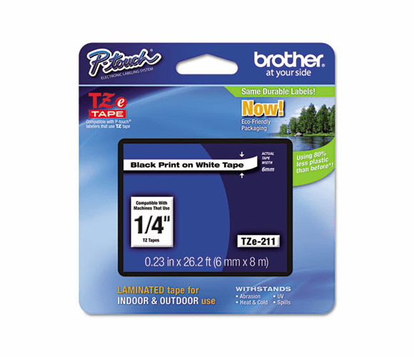 BRTTZE211 TZe Standard Adhesive Laminated Labeling Tape, 1/4w, Black on White By BROTHER INTL. CORP.