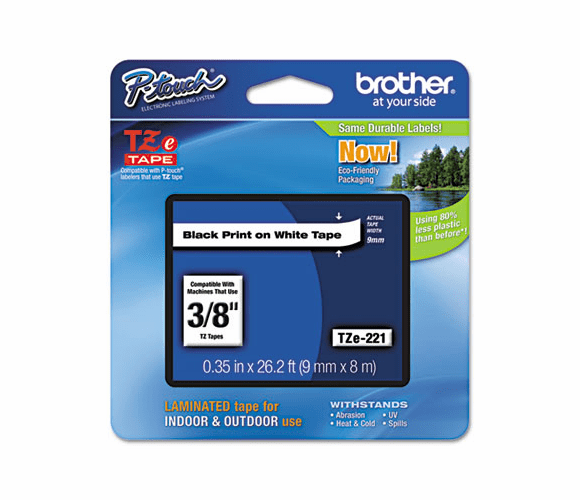BRTTZE221 TZe Standard Adhesive Laminated Labeling Tape, 3/8w, Black on White By BROTHER INTL. CORP.