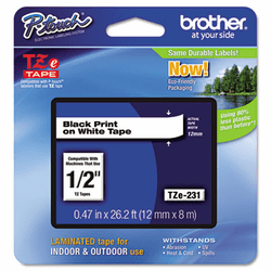 BRTTZE231 TZe Standard Adhesive Laminated Labeling Tape, 1/2w, Black on White By BROTHER INTL. CORP.