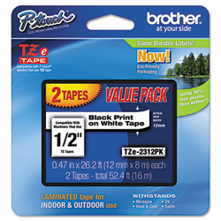 BRTTZE2312PK TZe Standard Adhesive Laminated Labeling Tapes, 1/2w, Black on White, 2/Pack By BROTHER INTL. CORP.