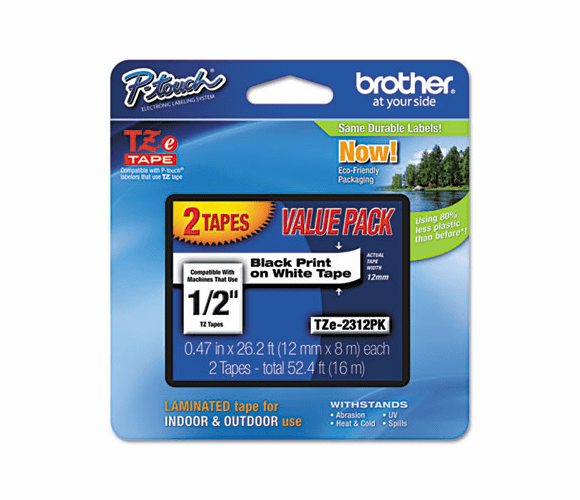 BRTTZE2312PK TZe Standard Adhesive Laminated Labeling Tapes, 1/2w, Black on White, 2/Pack By BROTHER INTL. CORP.