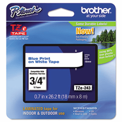 BRTTZE243 TZe Standard Adhesive Laminated Labeling Tape, 3/4w, Blue on White By BROTHER INTL. CORP.