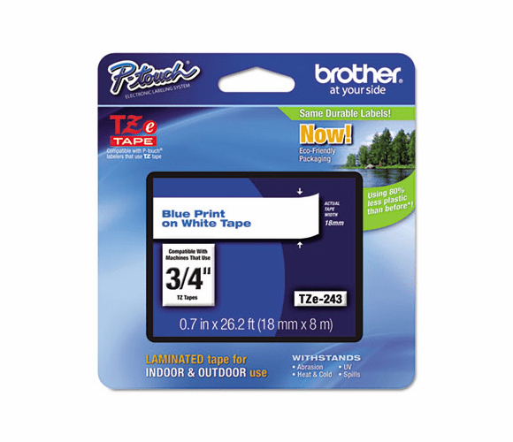 BRTTZE243 TZe Standard Adhesive Laminated Labeling Tape, 3/4w, Blue on White By BROTHER INTL. CORP.