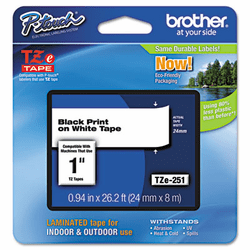 BRTTZE251 TZe Standard Adhesive Laminated Labeling Tape, 1w, Black on White By BROTHER INTL. CORP.