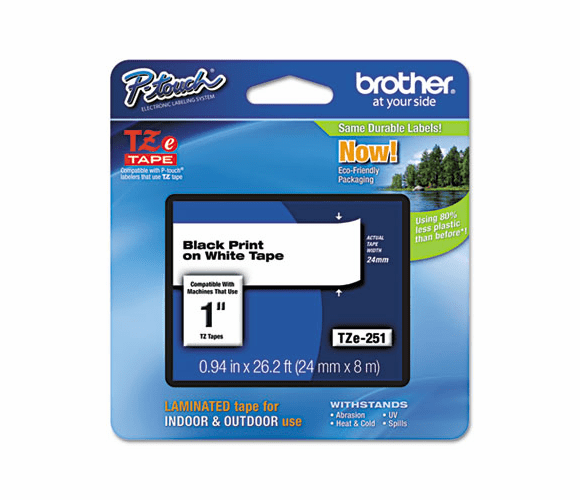 BRTTZE251 TZe Standard Adhesive Laminated Labeling Tape, 1w, Black on White By BROTHER INTL. CORP.