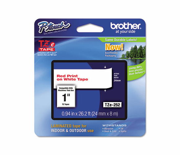 BRTTZE252 TZe Standard Adhesive Laminated Labeling Tape, 1w, Red on White By BROTHER INTL. CORP.