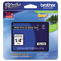 BRTTZE315 TZe Standard Adhesive Laminated Labeling Tape, 1/4w, White on Black By BROTHER INTL. CORP.
