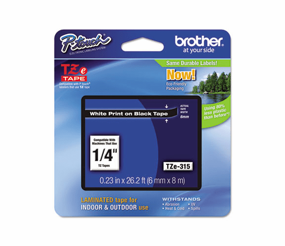 BRTTZE315 TZe Standard Adhesive Laminated Labeling Tape, 1/4w, White on Black By BROTHER INTL. CORP.