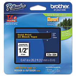 BRTTZE334 TZe Standard Adhesive Laminated Labeling Tape, 1/2w, Gold on Black By BROTHER INTL. CORP.