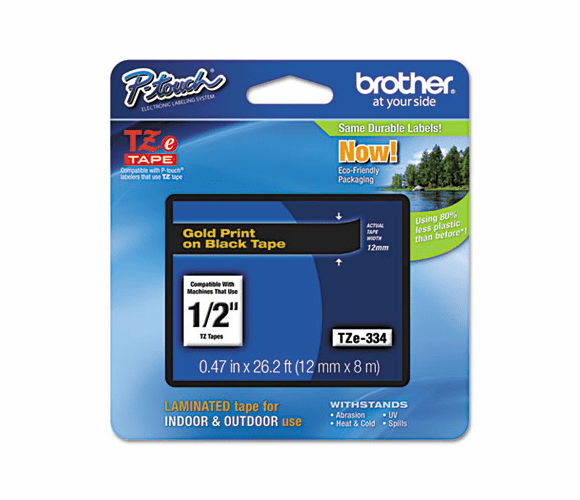 BRTTZE334 TZe Standard Adhesive Laminated Labeling Tape, 1/2w, Gold on Black By BROTHER INTL. CORP.