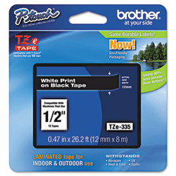 BRTTZE335 TZe Standard Adhesive Laminated Labeling Tape, 1/2w, White on Black By BROTHER INTL. CORP.