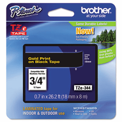 BRTTZE344 TZe Standard Adhesive Laminated Labeling Tape, 3/4w, Gold on Black By BROTHER INTL. CORP.