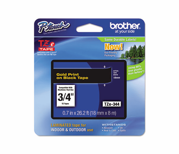 BRTTZE344 TZe Standard Adhesive Laminated Labeling Tape, 3/4w, Gold on Black By BROTHER INTL. CORP.