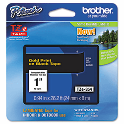 BRTTZE354 TZe Standard Adhesive Laminated Labeling Tape, 1w, Gold on Black By BROTHER INTL. CORP.