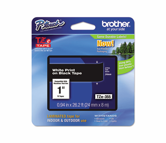 BRTTZE355 TZe Standard Adhesive Laminated Labeling Tape, 1w, White on Black By BROTHER INTL. CORP.