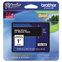 BRTTZE355 TZe Standard Adhesive Laminated Labeling Tape, 1w, White on Black By BROTHER INTL. CORP.