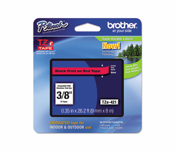 BRTTZE421 TZe Standard Adhesive Laminated Labeling Tape, 3/8w, Black on Red By BROTHER INTL. CORP.