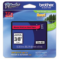 BRTTZE421 TZe Standard Adhesive Laminated Labeling Tape, 3/8w, Black on Red By BROTHER INTL. CORP.