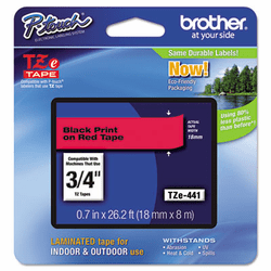 BRTTZE441 TZe Standard Adhesive Laminated Labeling Tape, 3/4w, Black on Red By BROTHER INTL. CORP.