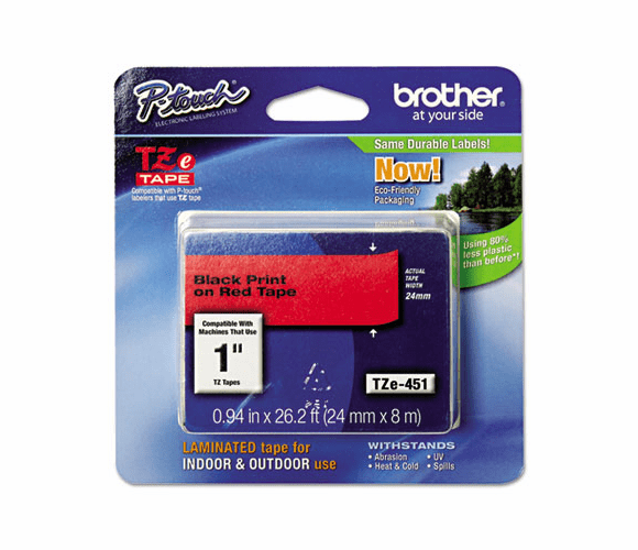 BRTTZE451 TZe Standard Adhesive Laminated Labeling Tape, 1w, Black on Red By BROTHER INTL. CORP.