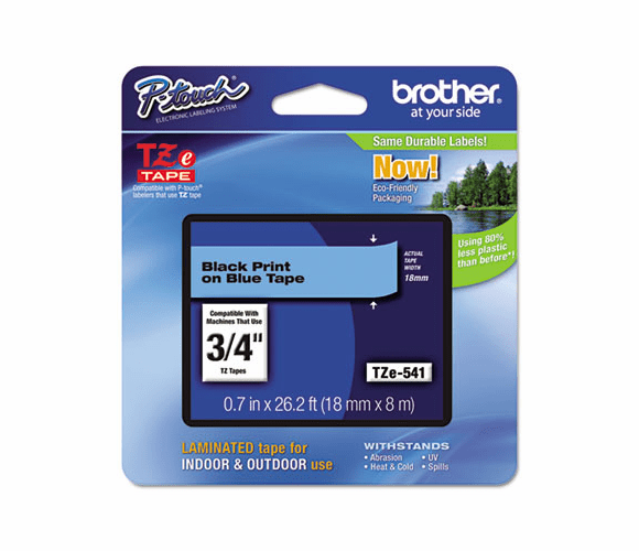 BRTTZE541 TZe Standard Adhesive Laminated Labeling Tape, 3/4w, Black on Blue By BROTHER INTL. CORP.