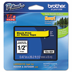 BRTTZE631 TZe Standard Adhesive Laminated Labeling Tape, 1/2w, Black on Yellow By BROTHER INTL. CORP.