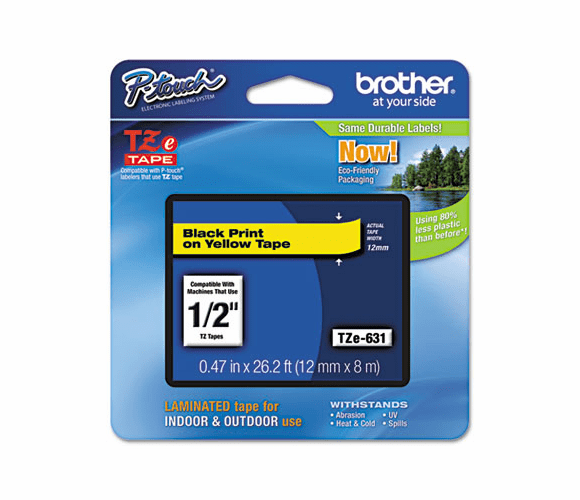 BRTTZE631 TZe Standard Adhesive Laminated Labeling Tape, 1/2w, Black on Yellow By BROTHER INTL. CORP.