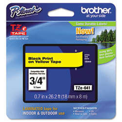 BRTTZE641 TZe Standard Adhesive Laminated Labeling Tape, 3/4w, Black on Yellow By BROTHER INTL. CORP.