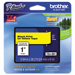 BRTTZE651 TZe Standard Adhesive Laminated Labeling Tape, 1w, Black on Yellow By BROTHER INTL. CORP.