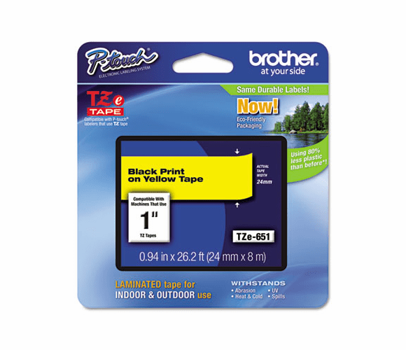 BRTTZE651 TZe Standard Adhesive Laminated Labeling Tape, 1w, Black on Yellow By BROTHER INTL. CORP.