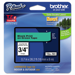 BRTTZE741 TZe Standard Adhesive Laminated Labeling Tape, 0.7", Black on Green By BROTHER INTL. CORP.