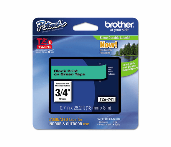 BRTTZE741 TZe Standard Adhesive Laminated Labeling Tape, 0.7", Black on Green By BROTHER INTL. CORP.